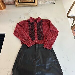 Red J.Crew Plaid Shirt with Black Lace and GAP Black Leather Skirt Bundle